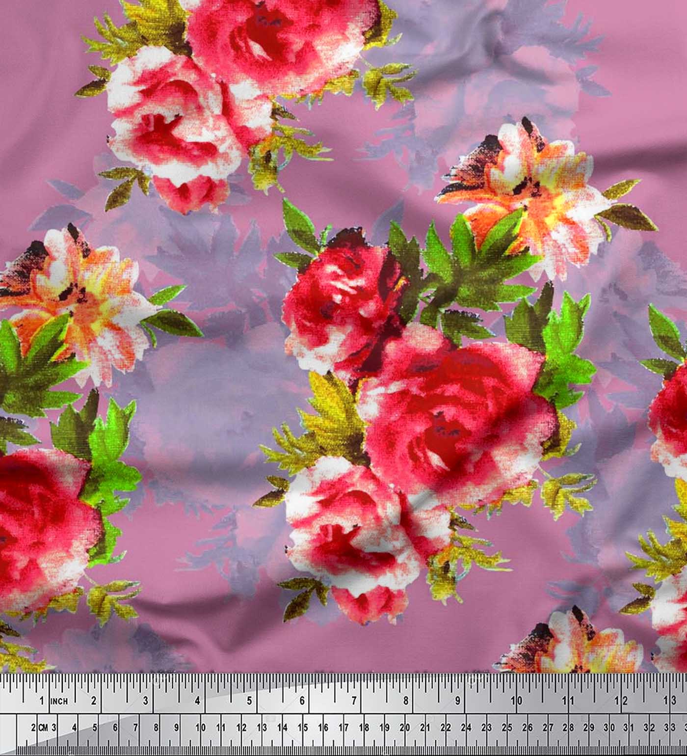 

Soimoi Cotton Cambric Fabric Leaves & Rose Flower Decor Fabric Printed метр 42 дюйма 42 Inch Wide - Viscose Chiffon фіолетовий