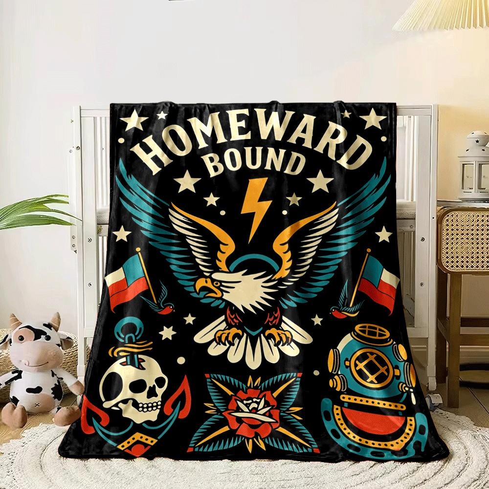 Bold tattoo-style patterns featuring an eagle, stars, flags, and nautical motifs. for all seasons blanket lunch break throw gift 80cm x 120cm