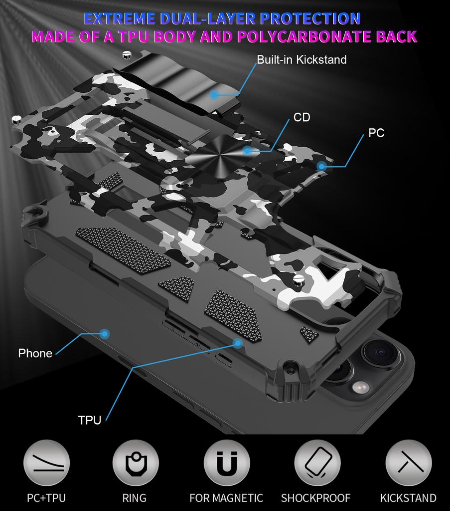 Military Camouflage Phone Case For iPhone 16 Pro Max 15 Plus 14 13 12 11 7 8 Plus SE 2022 Double Layer Protection Armor Cases
