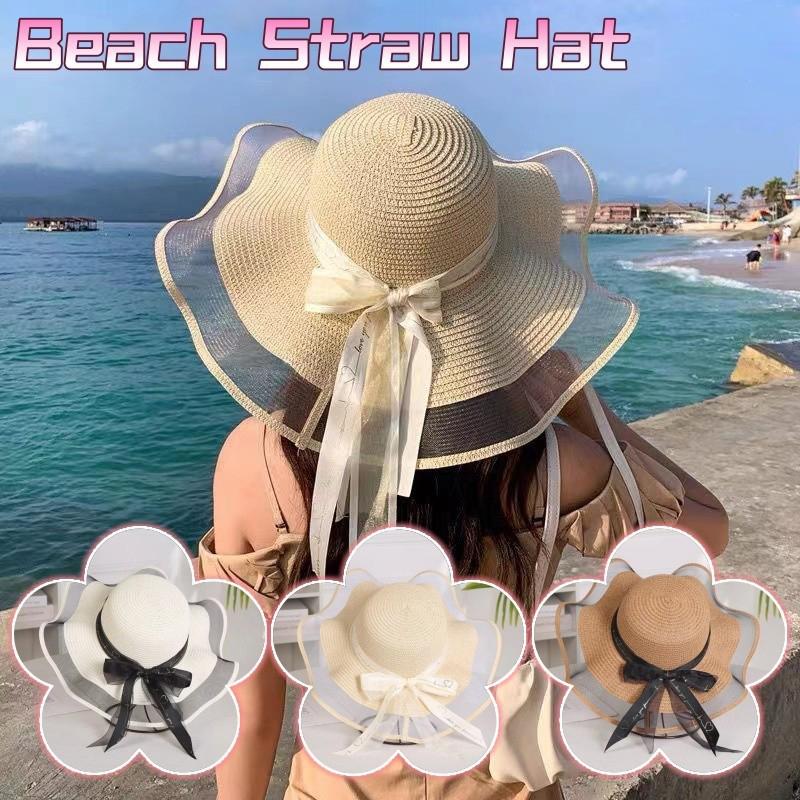 Fashion Flat-Topped Straw Hats Girls Wide Brim Sun Hat Outdoor Lace Bow Strap Lightweight Uv Protection Beach Cap