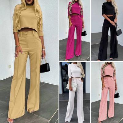 2 Pcs/Set Women Top Pants Suit Solid Color Straight Wide Leg High