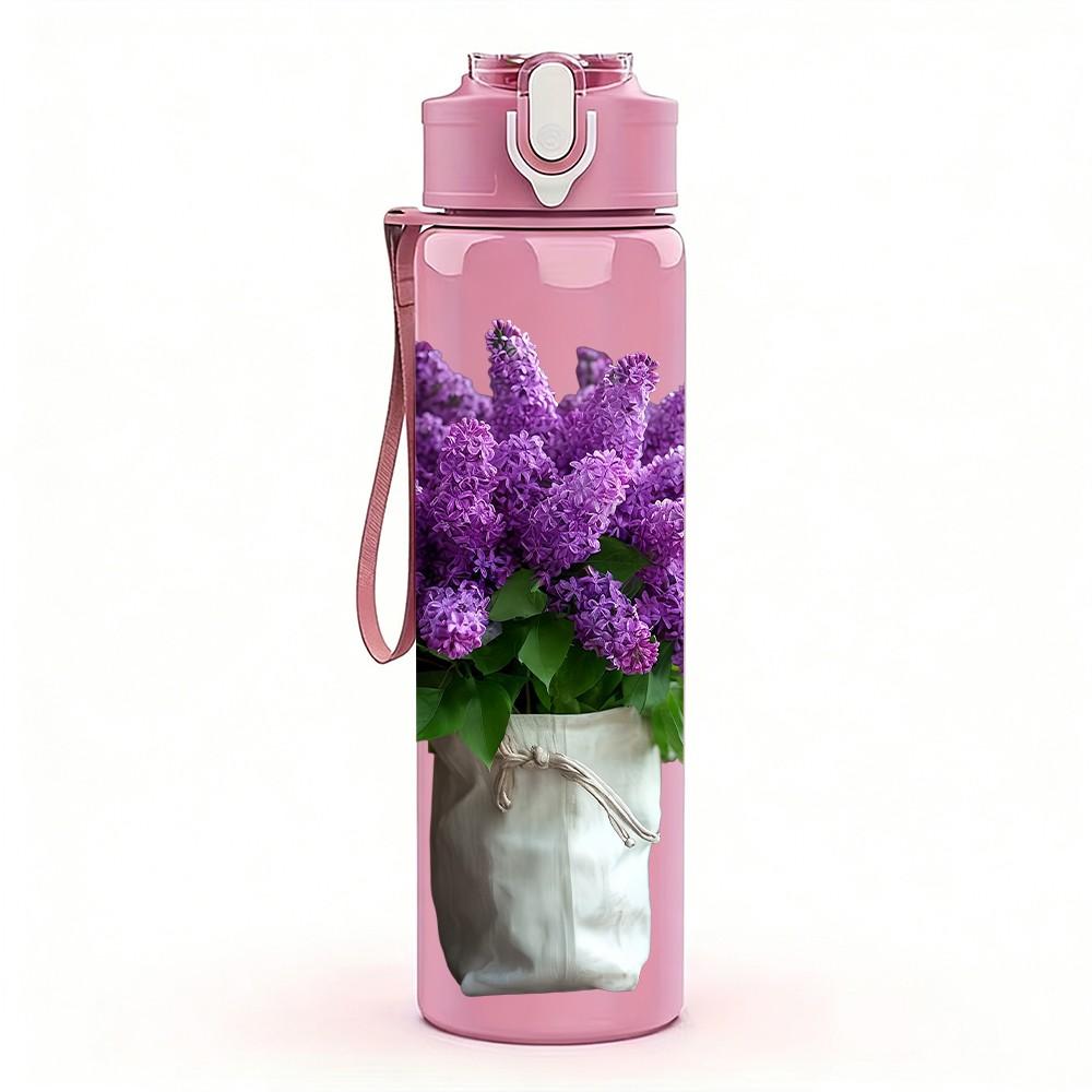 1PC Purple Lavender In Ceramic Pot Print 750ml Color Plastic Sports Water Bottle Leakproof Flip Straw Lid Suitable for Sports Office Home Use