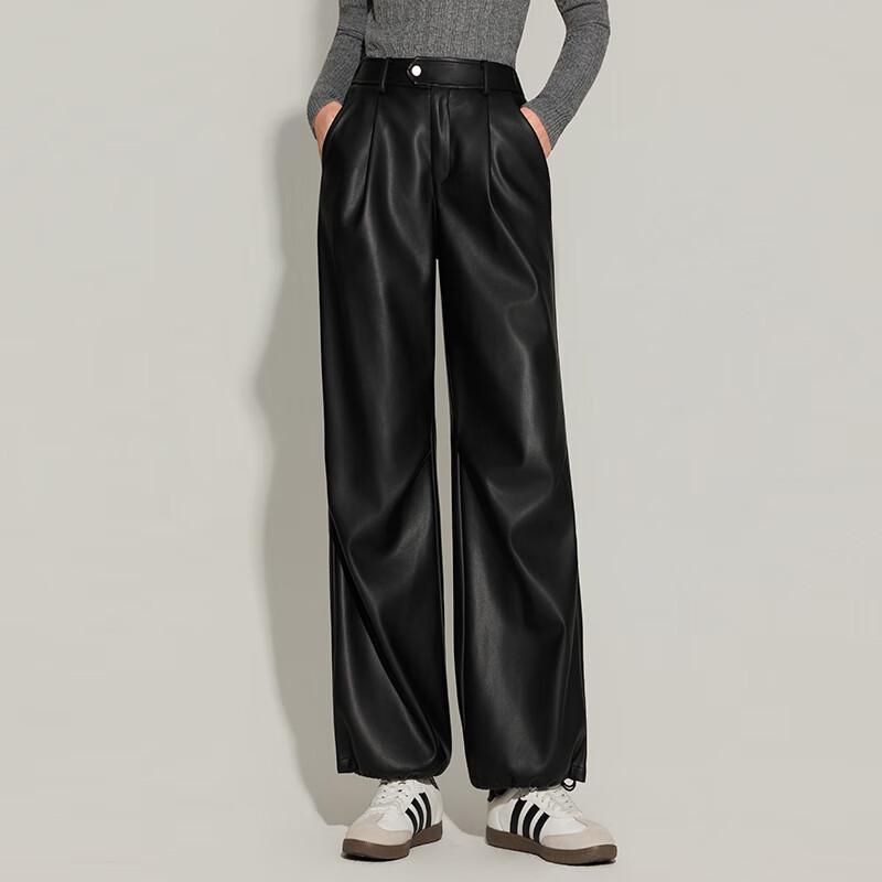 Ta Tu Petite High-Waist Elegant PU Leather Wide-Leg Pants