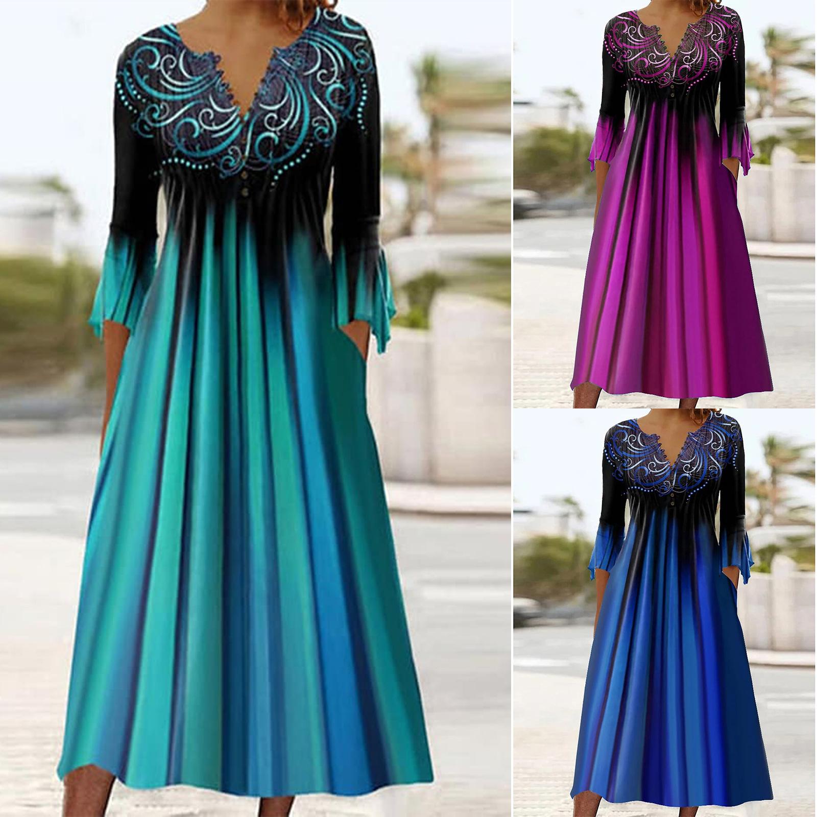 

Women s V-Neck Embroidered Flare Sleeve Gradient Color Maxi Dress 5XL зелений