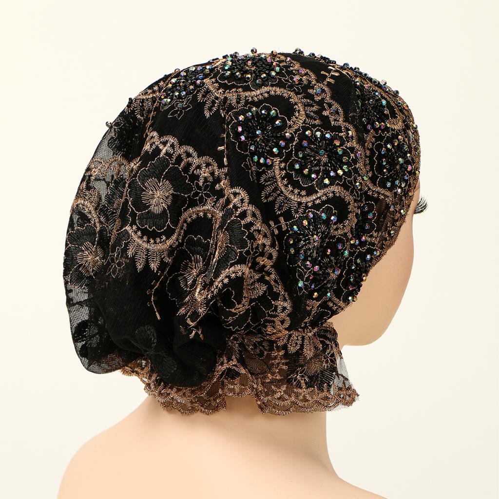Fashion Luxury Muslim Pearl Lace Inner Cap Elastic Islamic Headwear For Women Elegant Prayer Cap Decorative Head Cover
