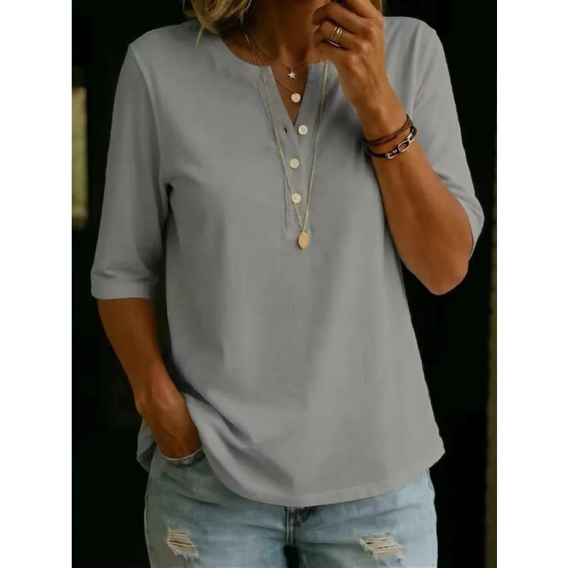 JPNTKY Women's Fashion Casual Solid Color Print Short Sleeve V Neck Blouses & Shirts
