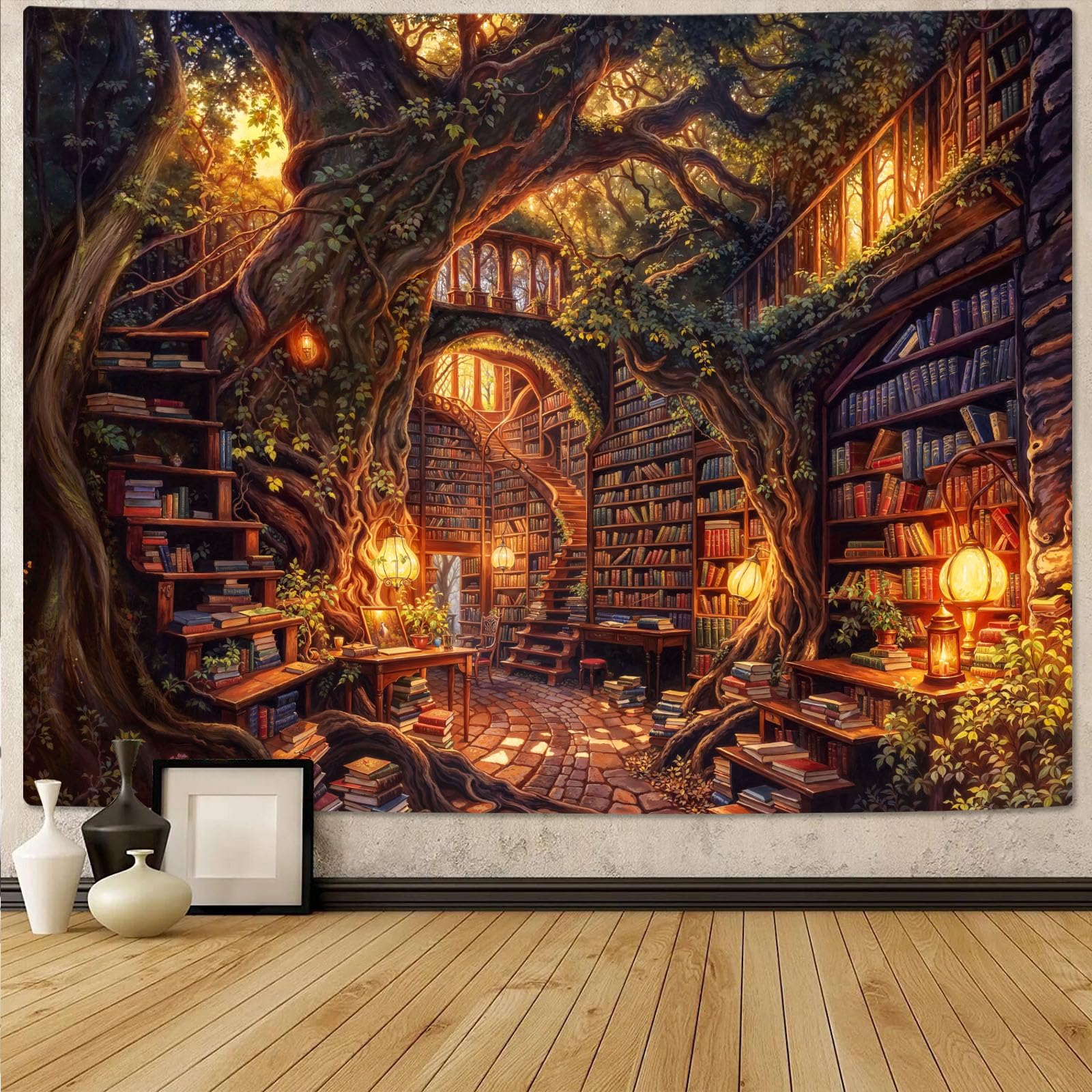 Magic Bookshelf tapestry Wall-mounted Gothic Skull Black Cat Library Book tapestry Bedroom Living Room Dormitory 100X70CM