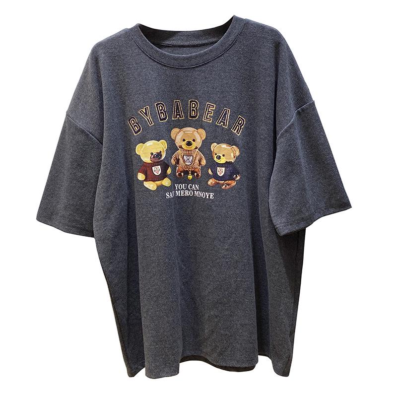 Camiseta Holgada de Algodón para Mujer con Estampado de Tres Ositos - Top de Moda Casual de Verano