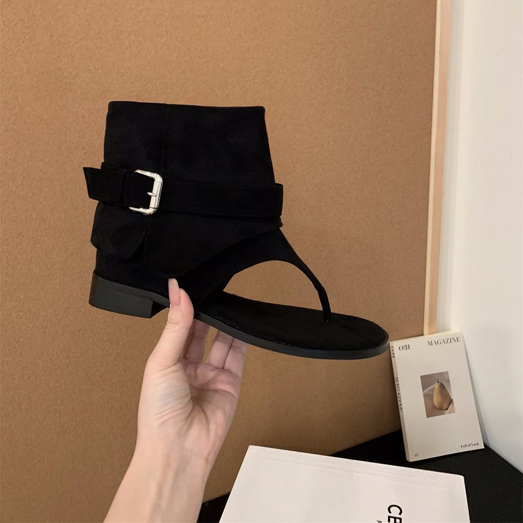 Salto grosso bico cáqui botas frescas botas curtas botas femininas 2025 novo verão com saia botas western sandálias de verão