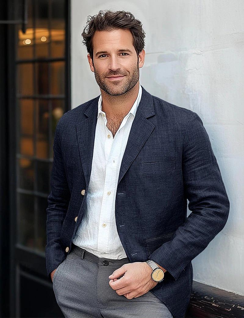 

Мужской повседневный костюмный пиджак из хлопка и льна на 2025 год - Весна/Осень Однотонный XXL темно-синий