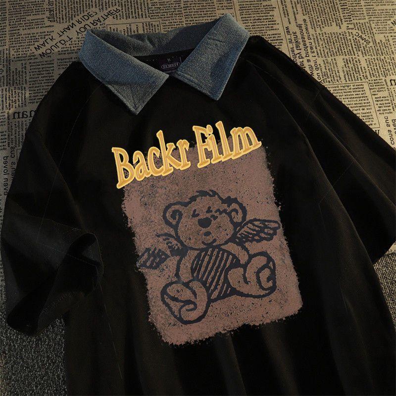 

American Retro Polo Collar Fake Two Pieces Short Sleeve T-Shirt Male and Female Large Size-150.00kg Street Style Fashion Student Tops Black M