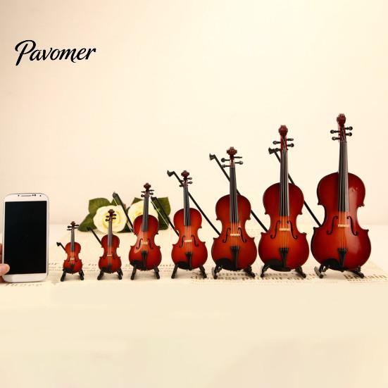 Miniature Violin Figurine Wooden Mini Model with Stand Playable Tiny Ornament Musical Instrument Home Office Desktop Decoration Polished Wood
