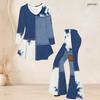 Women Plus Size Round Neck Three Quarter Sleeve Blue Printed Flared Top And Flared Pants Two Piece Set