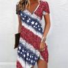 Summer Fashion Women's V Neck Short Sleeve American Theme Printed  Dress Sex Short Skirt Dresses