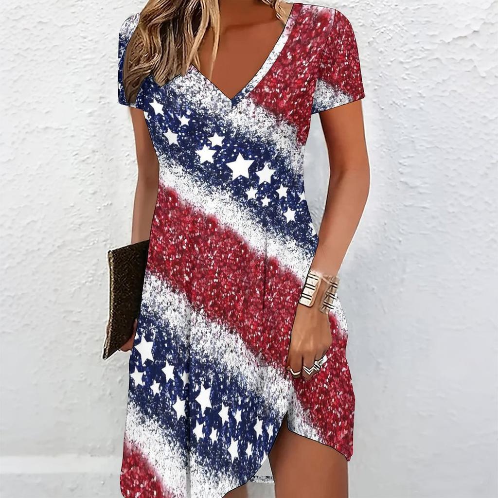 Summer Fashion Women's V Neck Short Sleeve American Theme Printed  Dress Sex Short Skirt Dresses