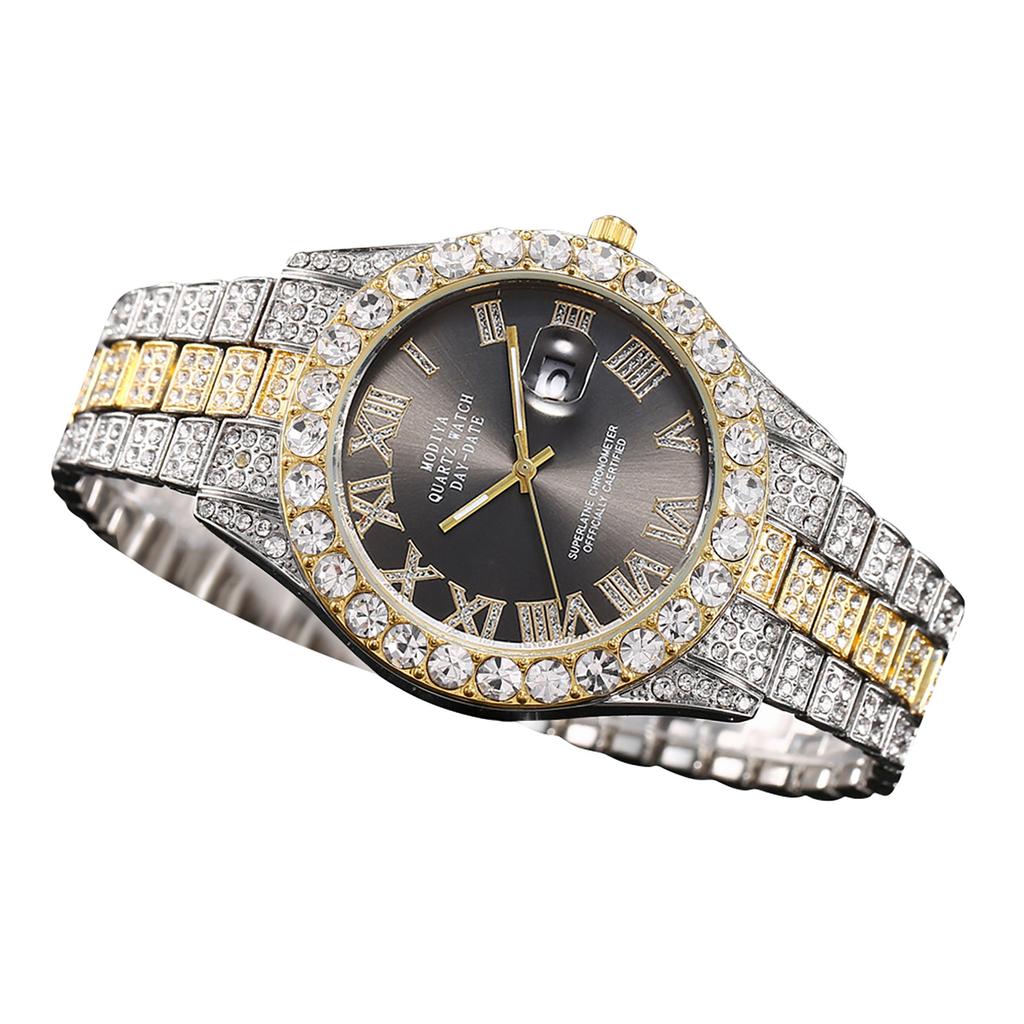 Wasser Diamant Kalender Voll Diamant Zifferblatt Römische Skala Legierung Stahl Band Männlichen