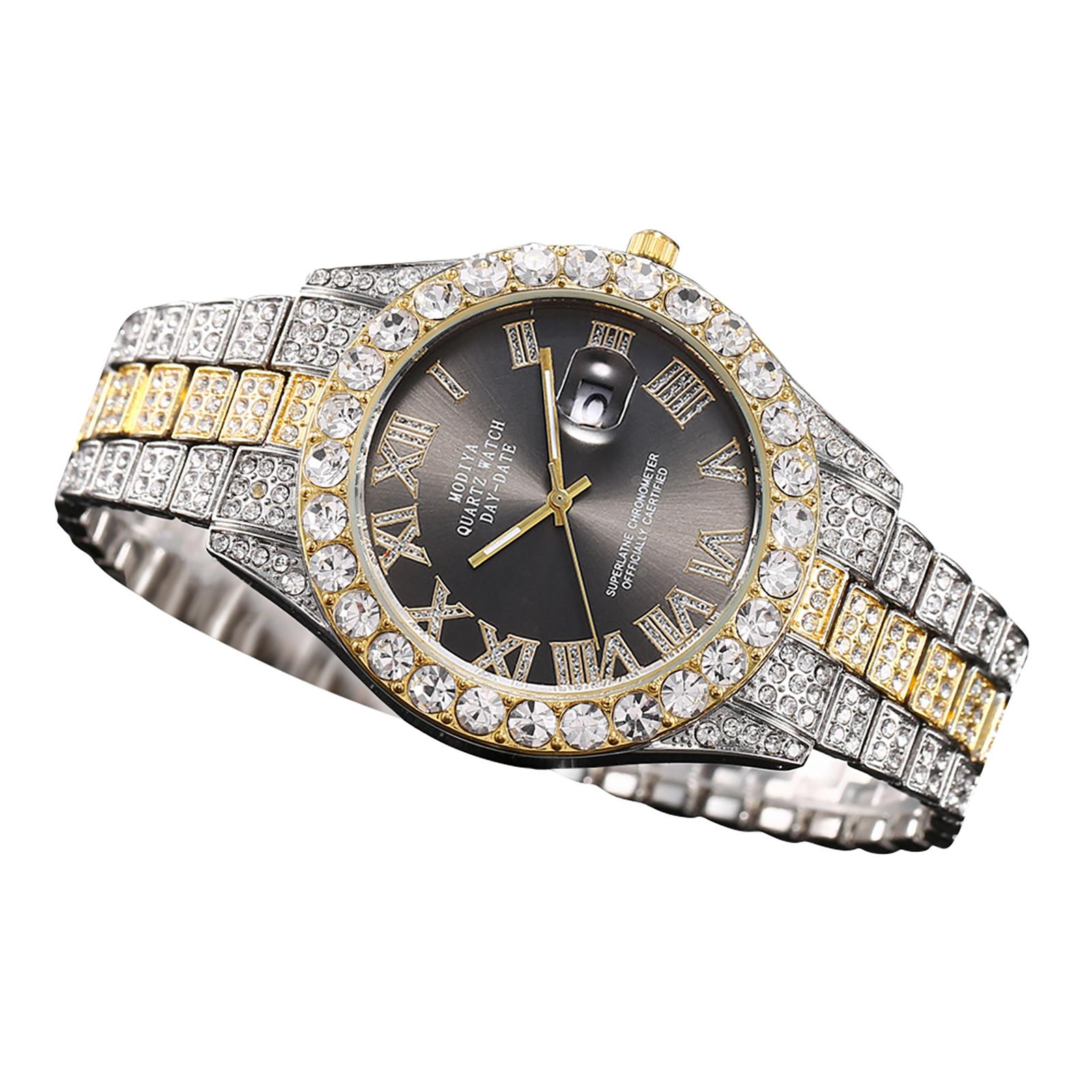 

Часы с календарем из водного бриллианта и бриллиантами, римская шкала, стальной ремешок из сплава, мужские часы One Size