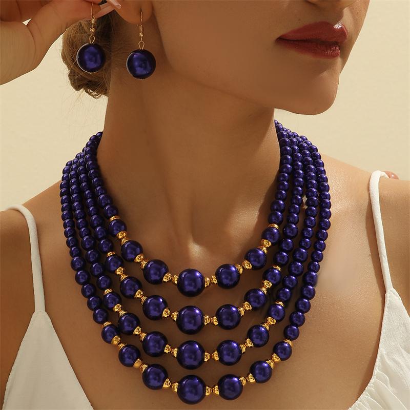 Multi-layer Bridal Wedding Jewelry Sets Women Blue Plastic Beads Necklace Earrings Set African Beads Jewelry Set Gifts