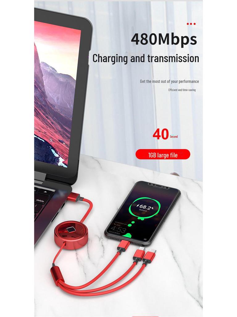 66W Fast-Charging Retractable 3-in-1 Data Cable with Storage & Electroplated Type-C