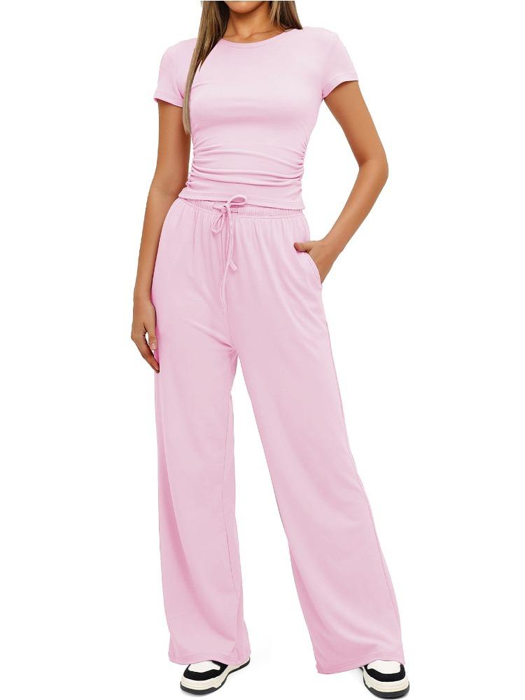 Solid Color Casual Long Sleeve Set Top High Waisted Wide Leg Pants Sportswear