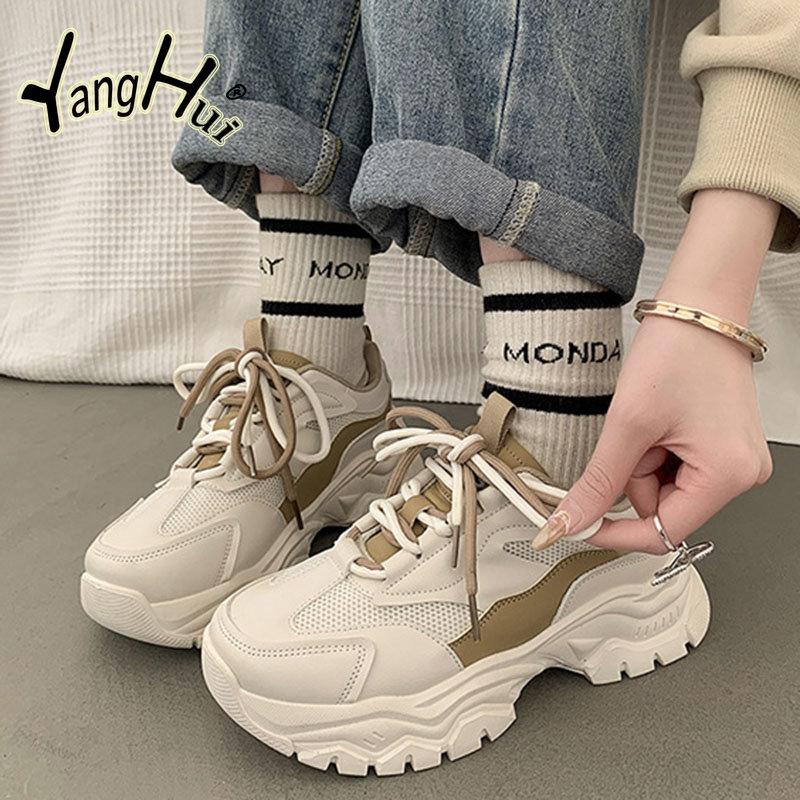 Casual Thick Bottom Elevated Increase Breathable Sneakers 2024 New Fashion Simple All-match Color Matching Women Shoes Spring