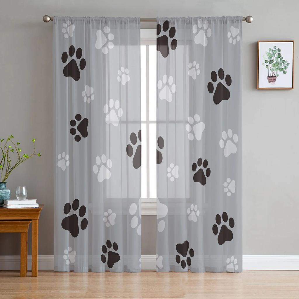 Tulle Curtains for Living Room Dog Paw Black Gray Bedroom Study Window Sheer Curtains Kitchen Balcony Interior Voile Curtains