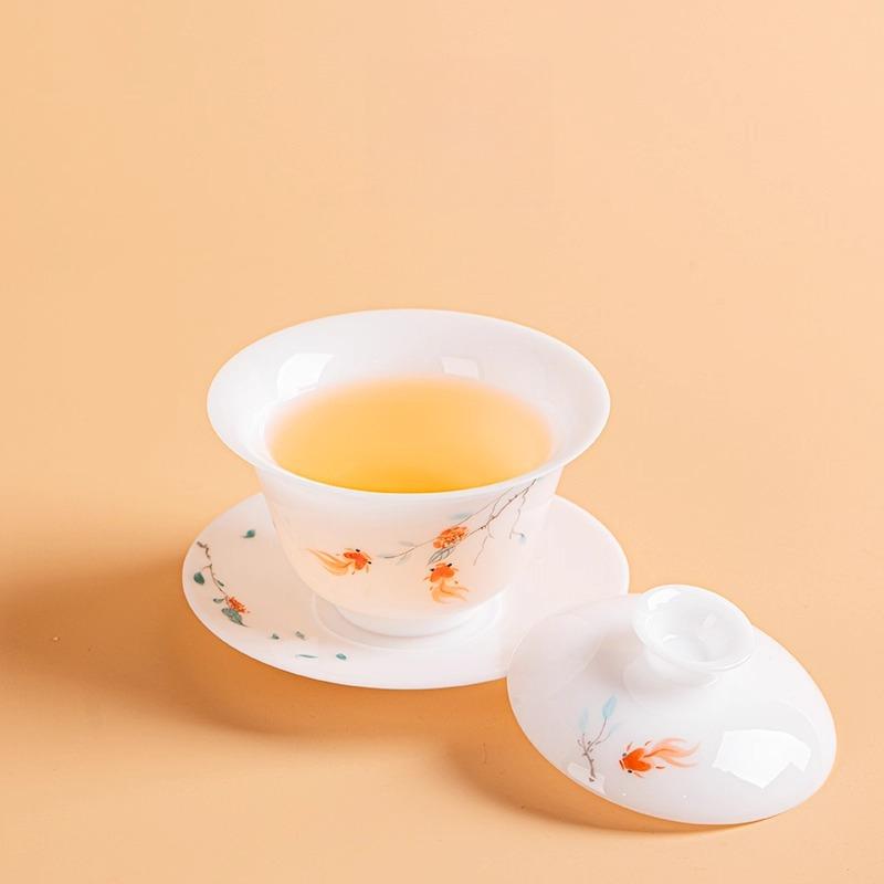 Fugui Fish Hand-painted Ice Jade Porcelain National Style Three Talents Cover Bowl Kung Fu Tea Set Single Tea Bowl High-end