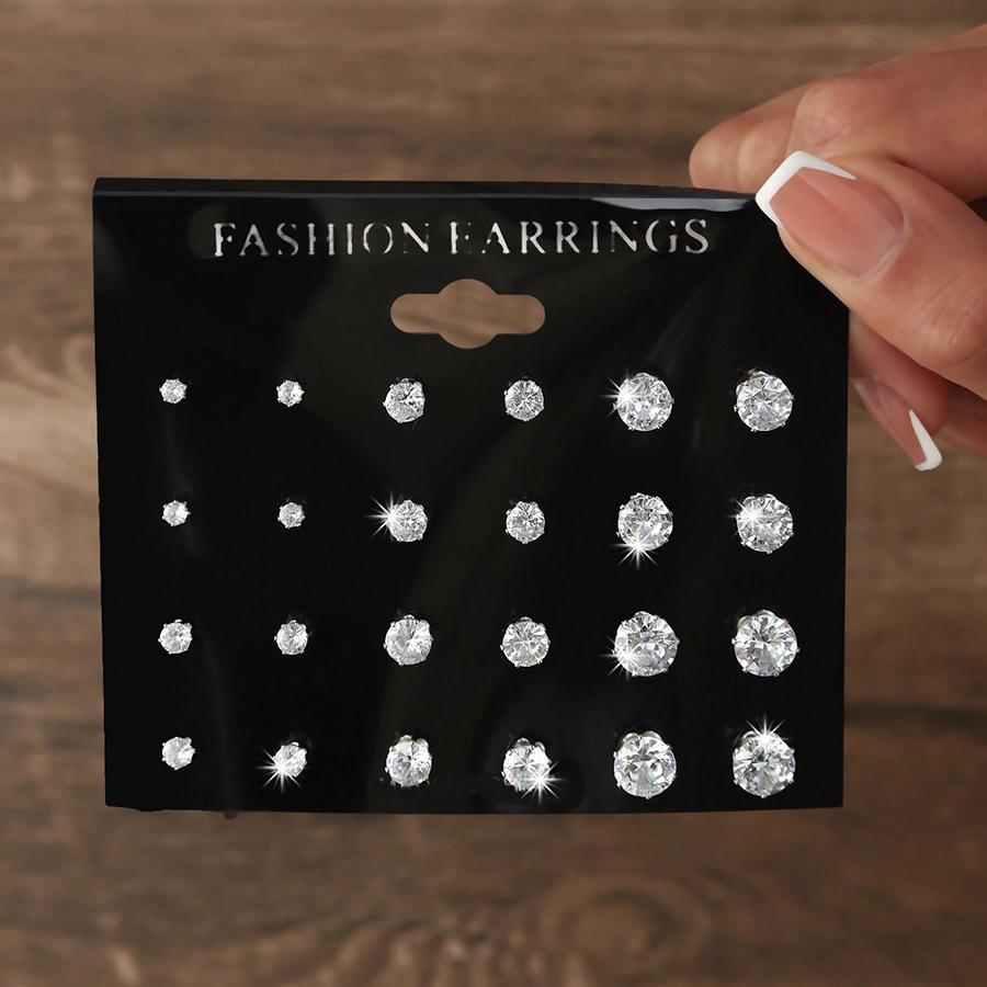 12 Pairs Six-Prong Zircon Stud Earrings Set, Round Simple Design for Men and Women