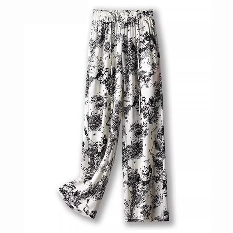 Women's Summer 2024 Ice Silk Checkered Wide-Leg Pants - Black/White Straight Leg