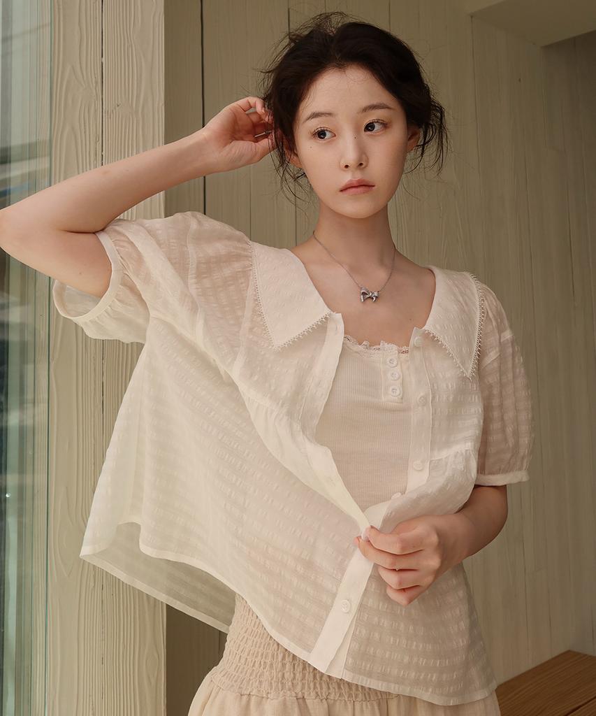 Ollibeudeollibeu Puff Sleeve Ribbon Sheer Blouse Ow6Mb6020