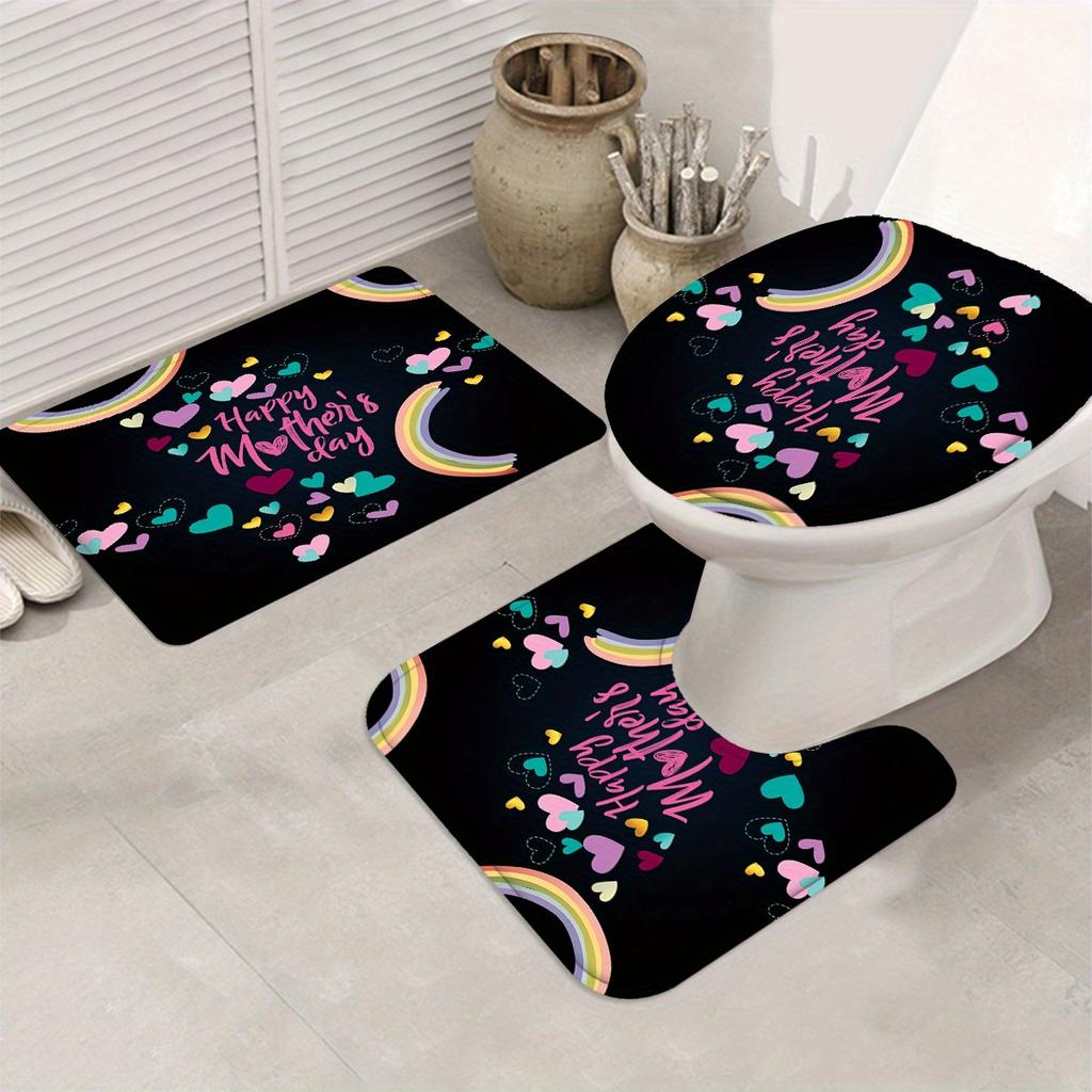 Happy Mother'S Day Shower Curtain Set With 12 Hooks --Shower Curtain, Bath Mat, Toilet Seat Cover And U-Shaped Rug -- Machine