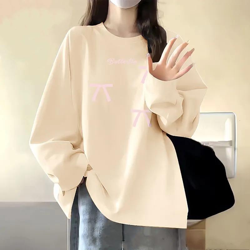 T-shirt décontracté à manches longues, Haut à col rond avec imprimé nœud pour femmes, pour l'école, le streetwear et les vêtements d'intérieur