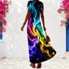 Women Plus Size V Neck Short Sleeve Rainbow Tie Dye Printed Long Dress