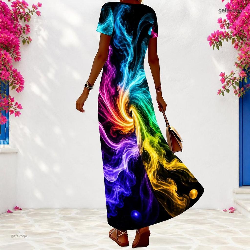Women Plus Size V Neck Short Sleeve Rainbow Tie Dye Printed Long Dress