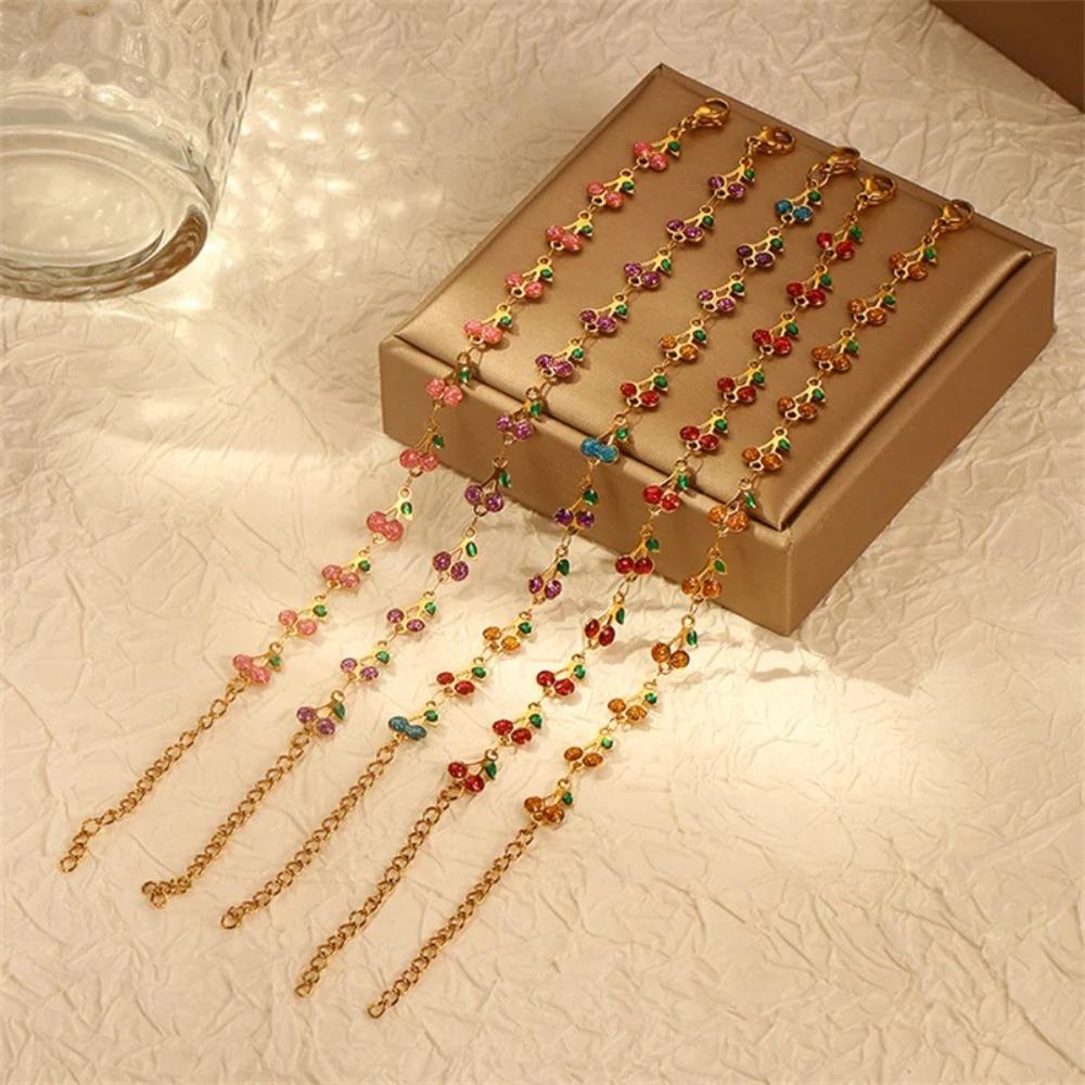 Charm Cherry Bohemian Bracelet for Women Retro Geometric Enamel Oil Dripping Stainless Steel Party Holiday Fashion Jewelry Gift