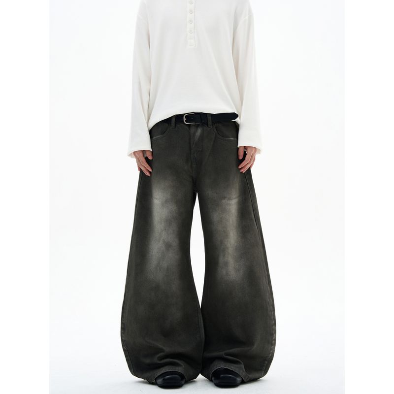 Kisko American Retro Washed Distressed Loose Scimitar Jeans Unisex Trendy Brand Cool Straight-Leg Drape Pants