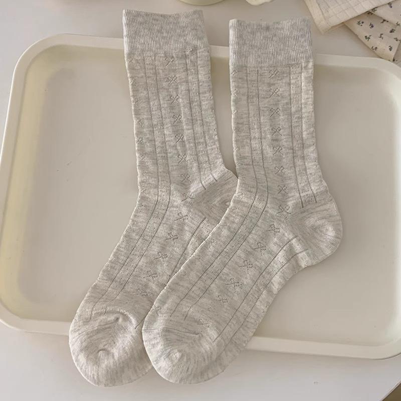 Women's Spring and Summer Thin Bow Tied Pure Cotton Mesh Mid Calf Socks