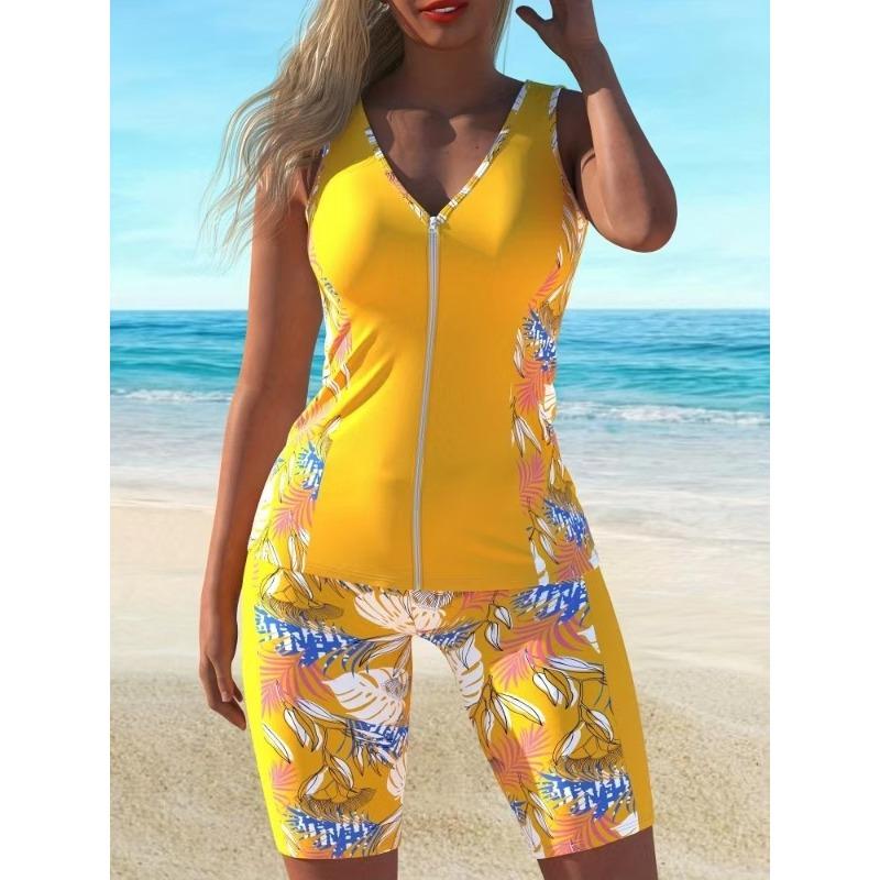 Nuevo Traje de Baño de Dos Piezas para Mujer con Tirantes Dobles Europeos y Americanos, Talla Grande, Estampado Dividido, Secado Rápido, Tipo Dividido para Nadar