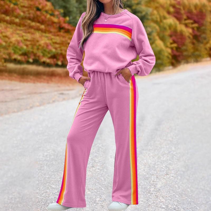 2026 Womens Rainbow Fleece Lined Hoodie Pants Set Casual Long Sleeve Two Piece Fall Winter
