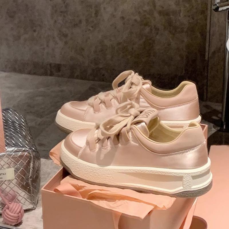Studiolee~ Satin Round Head Thick Sole Lace-up Sports Lightweight Height-increasing Casual Board Shoes