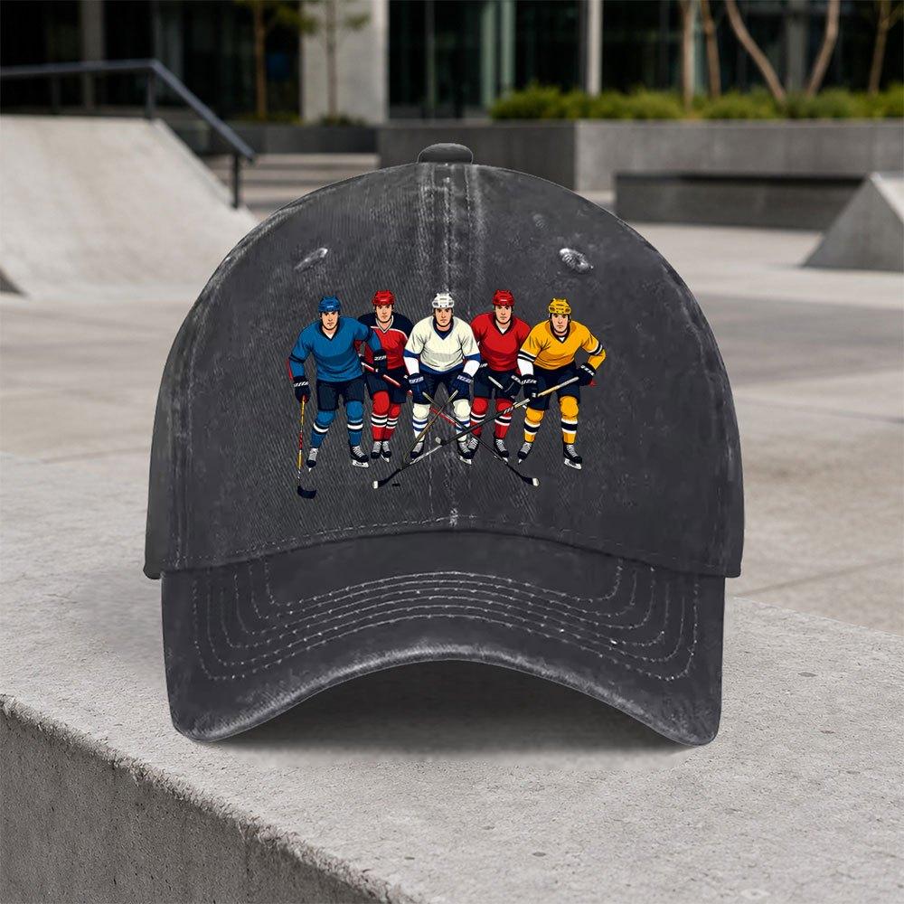 1pc Vintage Ice Hockey Cap Suitable For Men Women Adjustable Hook Loop Duckbill Hat With Retro Hockey Player Lightweight W