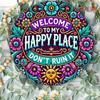 Happy Place 7.8 Inch Round Metal Wall Art Floral Sun Face Boho Home Office Decor
