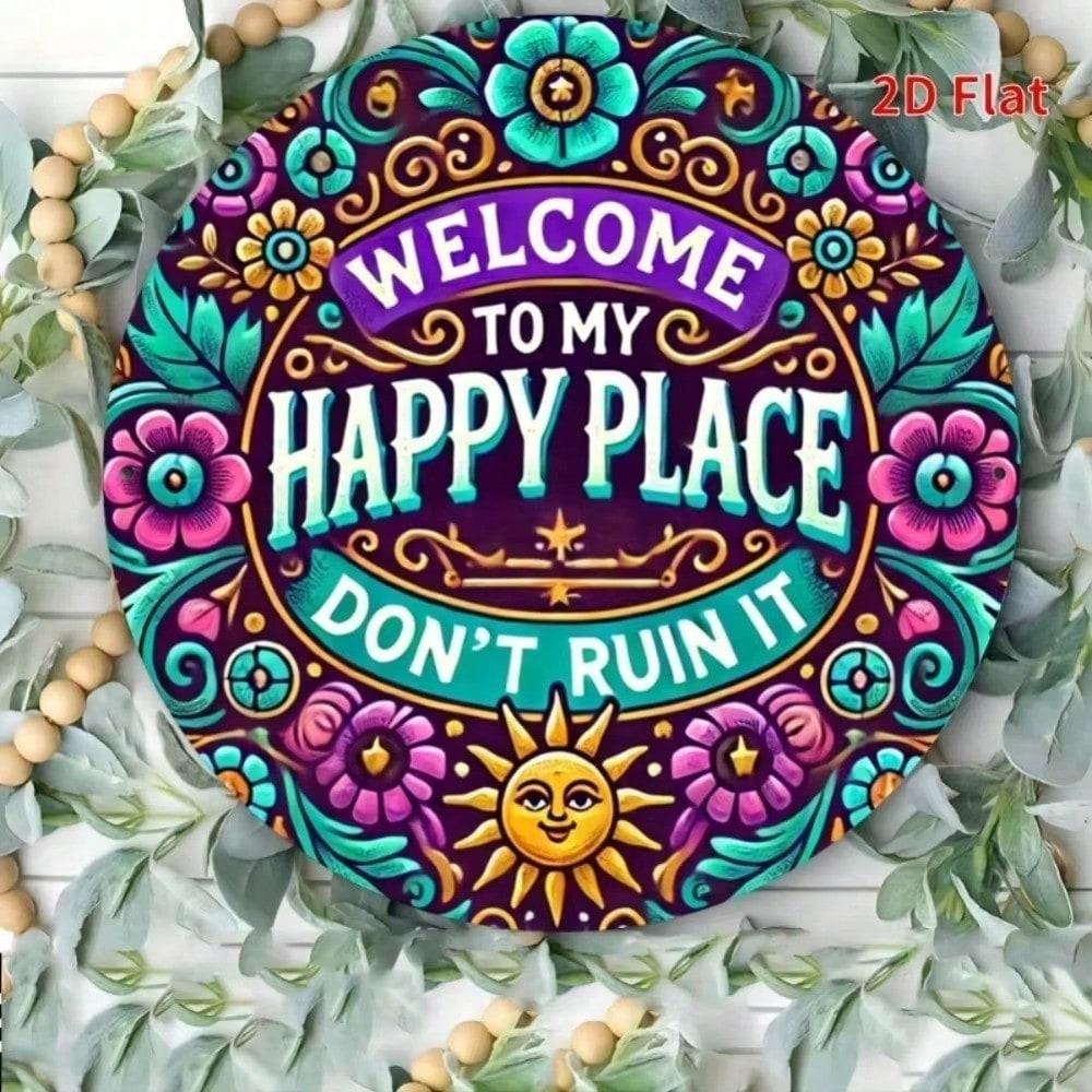 

Happy Place 7.8 Inch Round Metal Wall Art Floral Sun Face Boho Home Office Decor 20x20 різнокольоровий