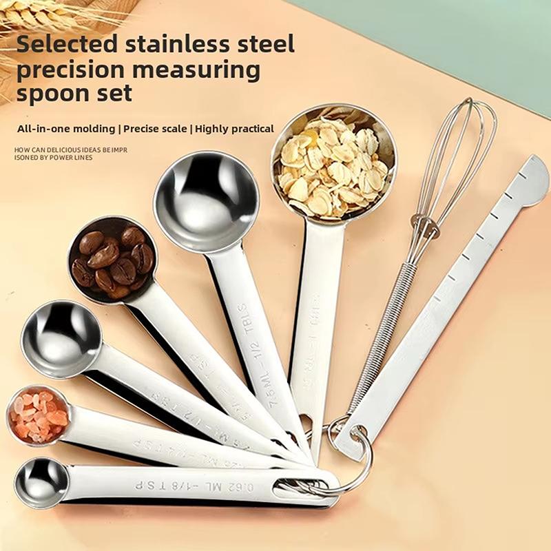 4/6/8Pcs Set Stainless Steel Measuring Spoon Cup With Scale Measuring Ruler Egg Beater Spoon Kitchen Baking Measuring Tool