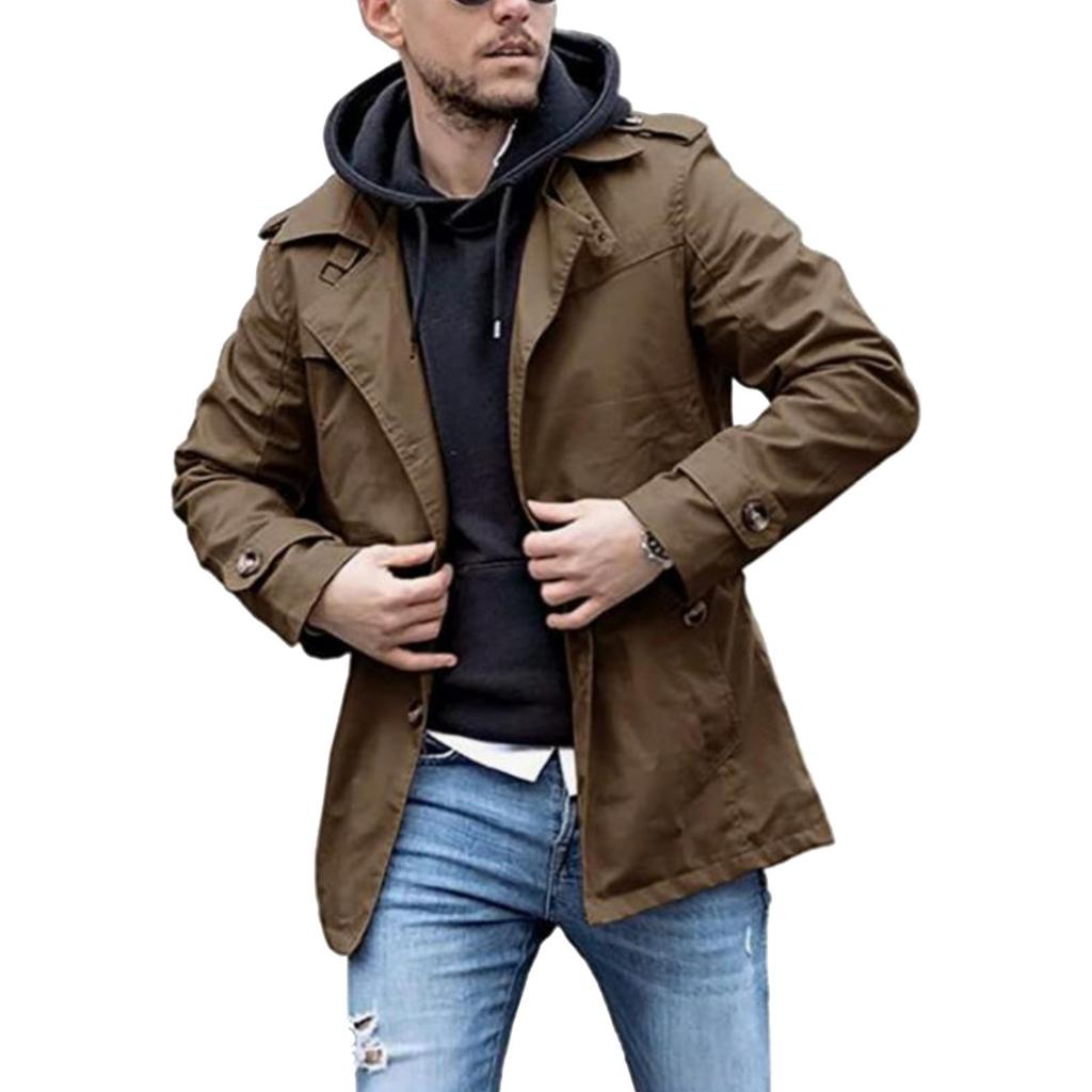 Trench da uomo casual e alla moda, tinta unita, lunghezza media, con revers e bottoni