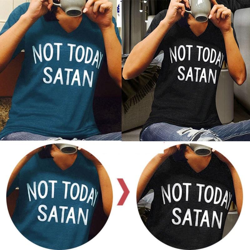 Stylowy Damski T-shirt 'Nie Dziś Szatanie' Wygodny Codzienny Top z Krótkim Rękawem i Dekoltem V