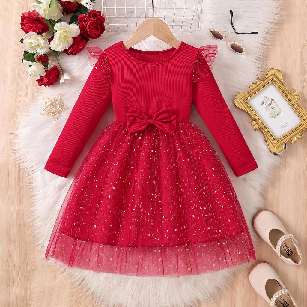Foreign Trade Baby Girl Long-sleeved Bow Dress 2026 Autumn New Style Little Girl Fashionable Mesh Dress Princess Dress