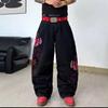 American Street Original Black Niche Dragon Pattern Embroidery Design Jeans Men's Loose Wide-leg Long Jeans