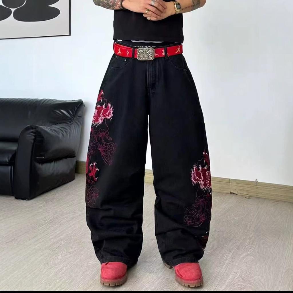 American Street Original Black Niche Dragon Pattern Embroidery Design Jeans Men's Loose Wide-leg Long Jeans