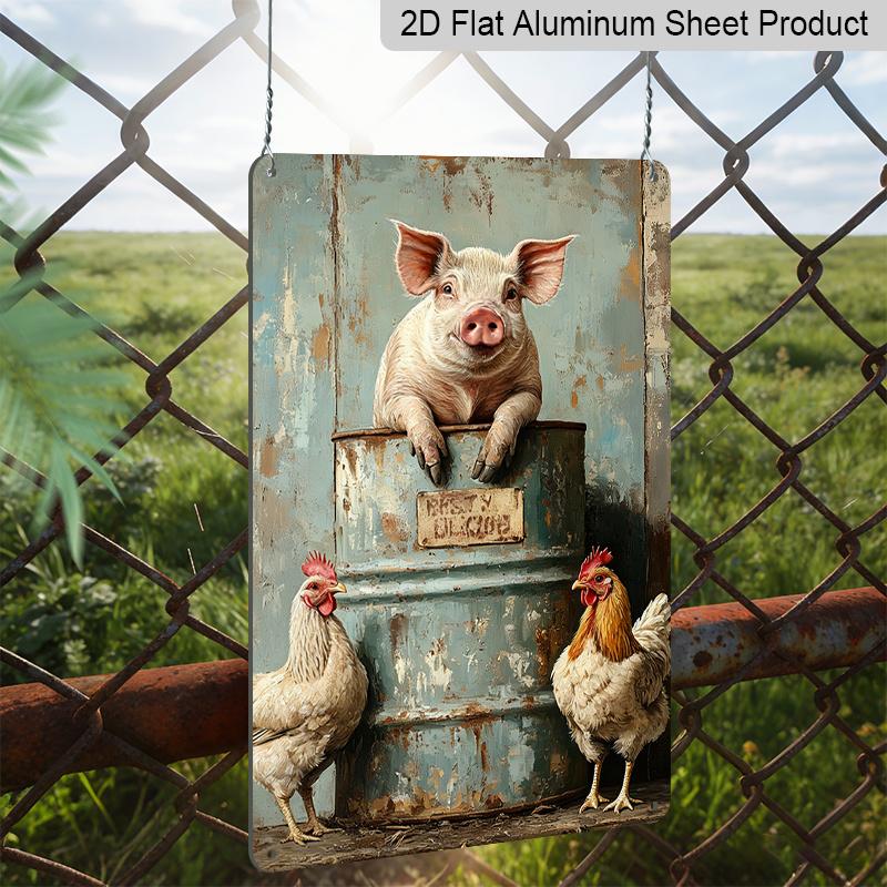 2D Flat, 1pc Rustic Farmhouse Vintage Metal Sign - 8x12 Inch Aluminum Wall Plaque with Whimsical Pig & Chicken Design, No Electricity Needed, Easy